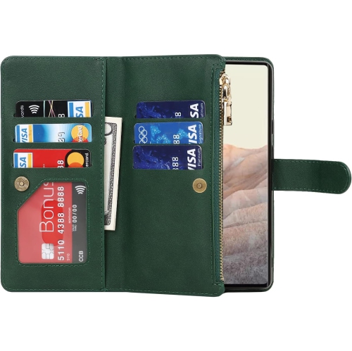 for Google Pixel 6 Zipper Wallet Case,[9 Card Holder][Cash Pocket] [Magnetic Closure][Wrist Strap] Premium