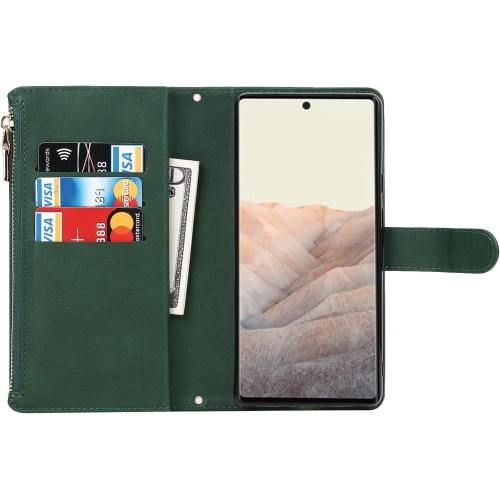 for Google Pixel 6 Zipper Wallet Case,[9 Card Holder][Cash Pocket] [Magnetic Closure][Wrist Strap] Premium