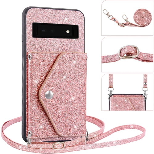 Phone Case for Google Pixel 6 Wallet Cover with Tempered Glass Screen Protector and Crossbody Strap Lanyard