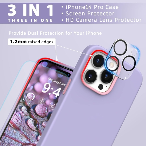 [3 in 1] Silicone Case for iPhone 14 Pro Case,with Screen Protector+Camera Lens Protector [Compatible