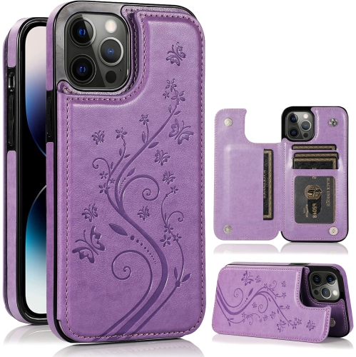 for iPhone 14 Pro Max Wallet Case, Embossed Butterfly Phone Case with Card Holder, Kickstand and Magnetic