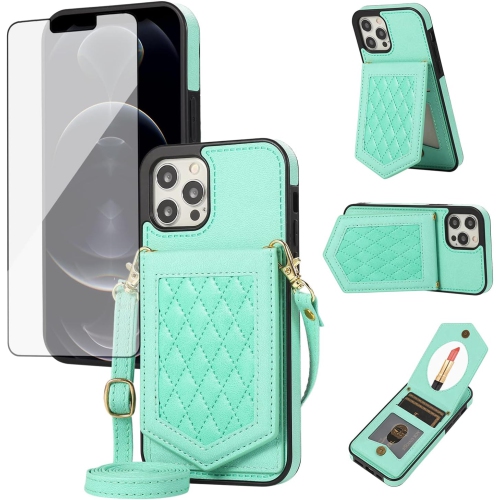Phone Case for iPhone 12 Pro Max 6.7 Wallet Cover with Screen Protector and Mirror Card Holder Slot Shoulder Crossbody