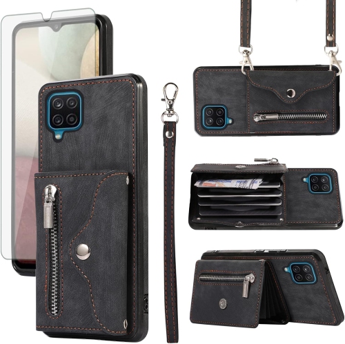 UNKNOWN  Phone Case for Samsung Galaxy A12/m12 Wallet Cover With Tempered Glass Screen Protector Wrist Crossbody Strap Shoulder
