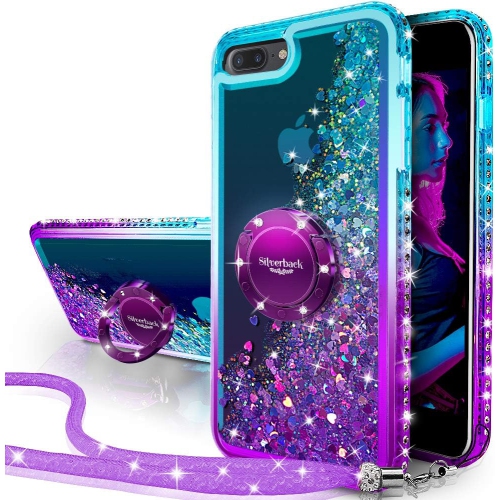 Étui pour iPhone 8 plus/7 plus avec béquille pour anneau, holographique scintillant liquide mobile,