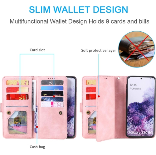 Étui portefeuille pour Samsung Galaxy S20 FE 5G, rétro mat 9 fentes porte-cartes avec poche à fermeture à glissière Étui en cuir pu