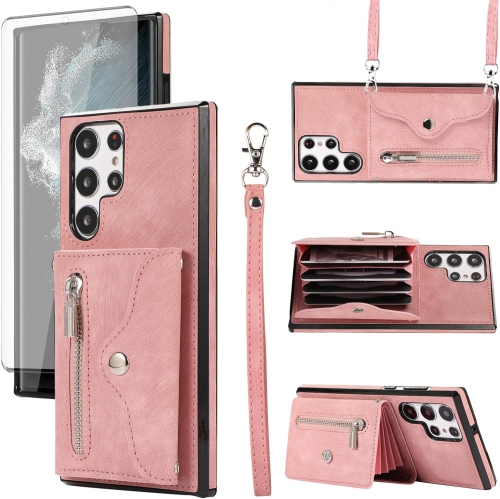 Phone Case for Samsung Galaxy S22 Ultra 5G Wallet Cover with Tempered Glass Screen Protector Wrist Crossbody Strap
