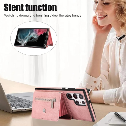 Phone Case for Samsung Galaxy S22 Ultra 5G Wallet Cover with Tempered Glass Screen Protector Wrist Crossbody Strap