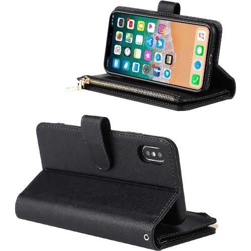 Wallet Case Compatible with iPhone Xs Max Case,[9 Card Slots] [Wrist Strap] [Stand Feature] Zipper Cash Pocket