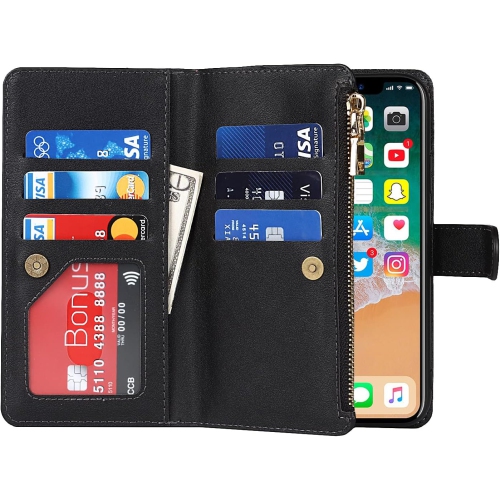 Wallet Case Compatible with iPhone Xs Max Case,[9 Card Slots] [Wrist Strap] [Stand Feature] Zipper Cash Pocket