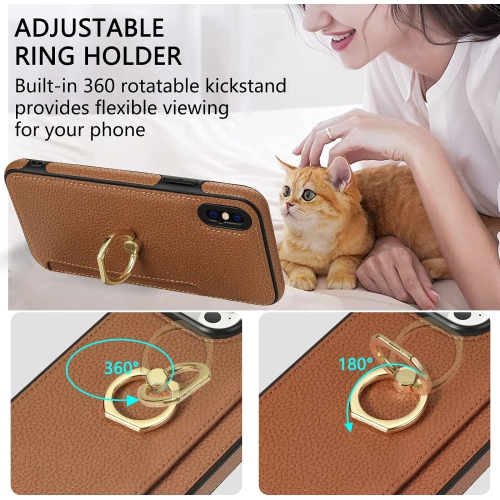 Phone Case for iPhone Xs Max Wallet Cover with Tempered Glass Screen Protector and Thin Slim Ring Stand Credit Card