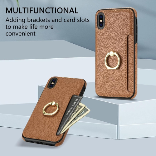 Phone Case for iPhone Xs Max Wallet Cover with Tempered Glass Screen Protector and Thin Slim Ring Stand Credit Card