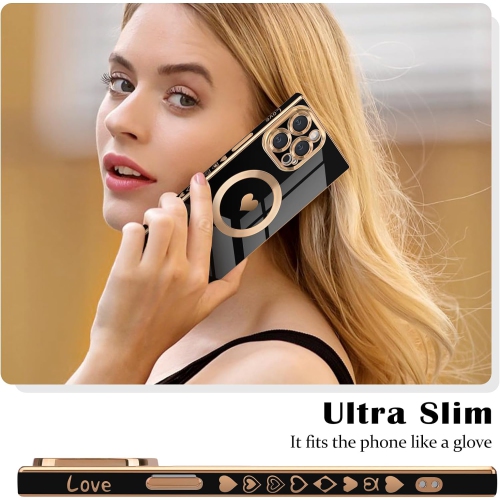 Pour iPhone 13 Pro Max étui magnétique, cute de luxe Love Heart Plating Edge Square Case pour femme Homme Soft