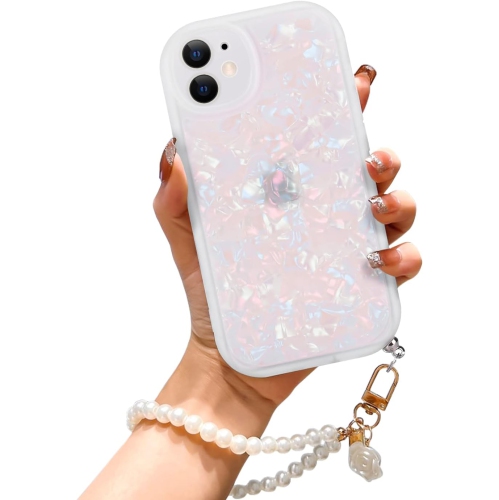 UNKNOWN  Glitter Shell Pattern Case Compatible With Iphone 11 (6.1 Inch) for Women Girls With Rose Pearl Wrist Chain, Marble