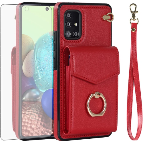Phone Case for Samsung Galaxy A71 5G Wallet Cover with Tempered Glass Screen Protector and RFID Blocking Ring
