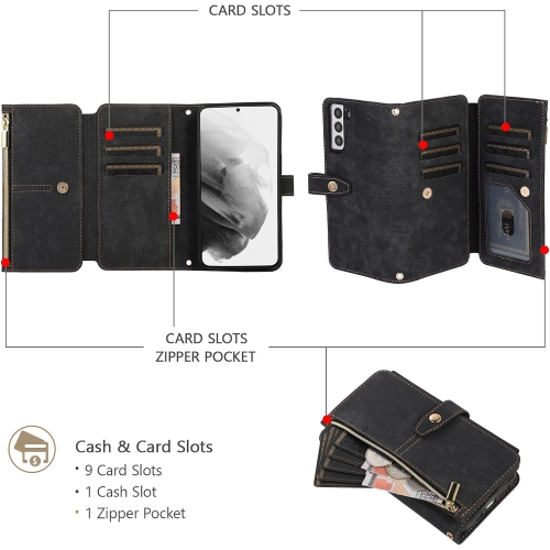 Crossbody Wallet Case for Samsung Galaxy S21 5G, 9 Card Slots Adjustable Crossbody Zipper Cover Detachable