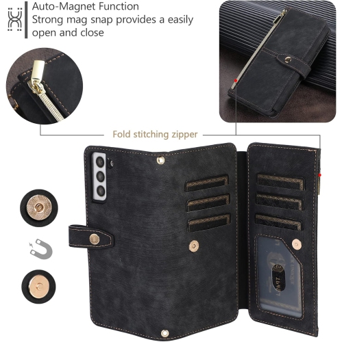 Crossbody Wallet Case for Samsung Galaxy S21 5G, 9 Card Slots Adjustable Crossbody Zipper Cover Detachable