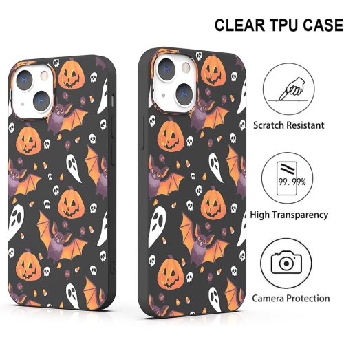 Pour iPhone 13 Halloween Case Pumpkin Bats, cute Design Kids Black Case antichoc Soft Skull Nuts