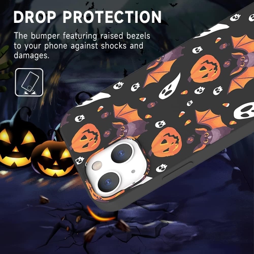 Pour iPhone 13 Halloween Case Pumpkin Bats, cute Design Kids Black Case antichoc Soft Skull Nuts