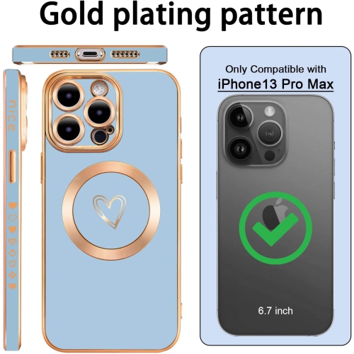 Magnetic case for iPhone 13 Pro Max Case for Women, Cute Gold Love Heart Soft MagSafe Case, Raised Full Camera