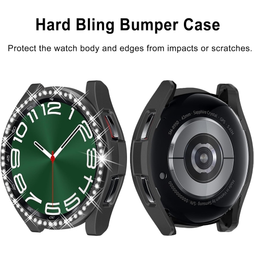 2 in 1 Watch Protective Case for Samsung Galaxy Watch 6 Classic 43mm, PC Durable Bumper Cover, Glitter Rhinestone Bezel