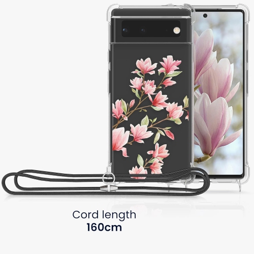 Crossbody Case Compatible with Google Pixel 6 Case Strap - Magnolias Pink/White/Transparent