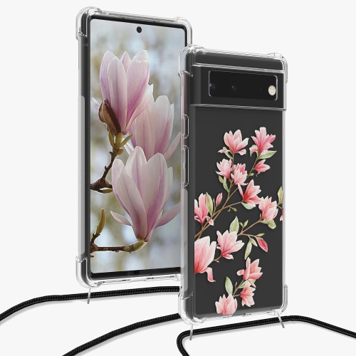 Crossbody Case Compatible with Google Pixel 6 Case Strap - Magnolias Pink/White/Transparent