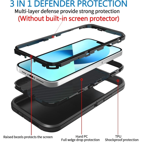 Pour l’étui Defender pour iPhone 14/13, l’étui protecteur robuste résistant aux chocs et à la poussière 3-en-1 pour téléphone