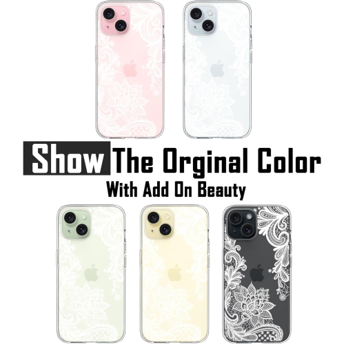 iPhone 15 Plus Case, for Girls Woman, Cute White Lace Floral Design Pattern Hard Back Soft Bumper Shockproof