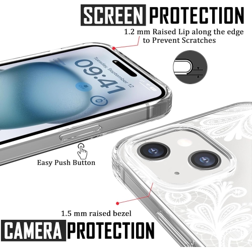 iPhone 15 Plus Case, for Girls Woman, Cute White Lace Floral Design Pattern Hard Back Soft Bumper Shockproof