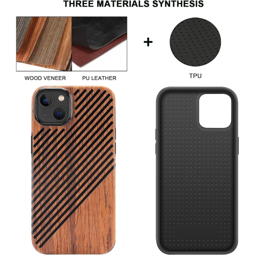 Compatible with iPhone 15 Case Wood Grain with Leather Outside Design TPU Hybrid Case