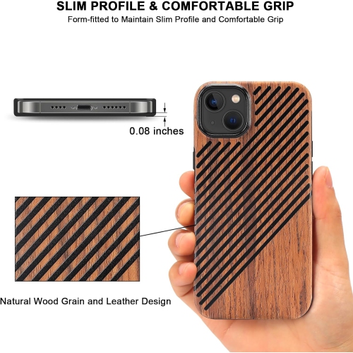 Compatible with iPhone 15 Case Wood Grain with Leather Outside Design TPU Hybrid Case