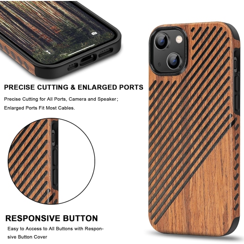 Compatible with iPhone 15 Case Wood Grain with Leather Outside Design TPU Hybrid Case