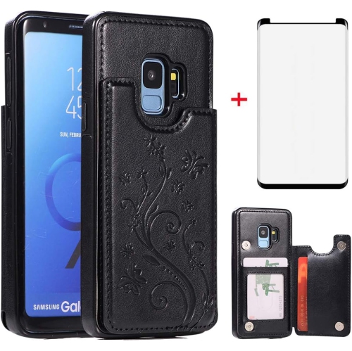Étui de téléphone pour Galaxy S9 de Samsung avec protecteur d'écran en verre trempé porte-carte porte-portefeuille porte-carte rabat papillon