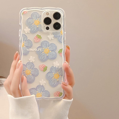 Flower Case for iPhone 12 Pro Max, Cute Blue Flower Strawberry Pattern Curly Wave Frame Shape Lace Design Phone