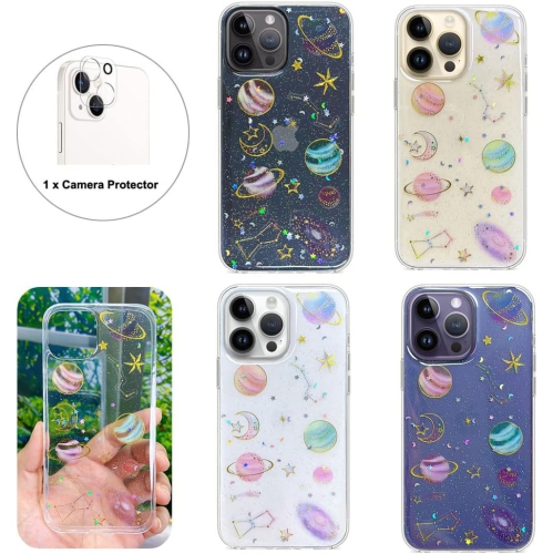 Designed for iPhone 14 Pro Case Moon and Stars Glitter Sparkle Transparent Cute Clear with Design Soft Silicone
