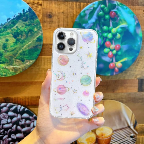 Designed for iPhone 14 Pro Case Moon and Stars Glitter Sparkle Transparent Cute Clear with Design Soft Silicone