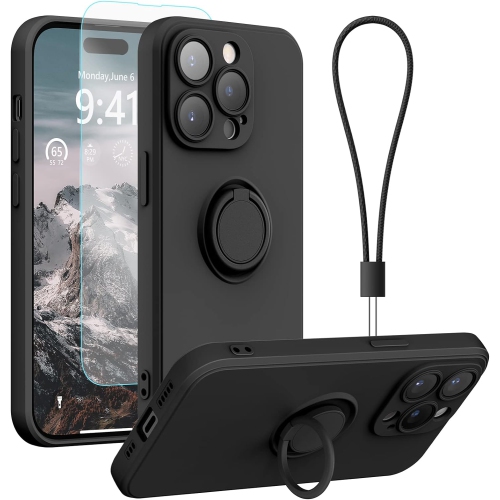 Image 1 de 5.. Étui en silicone pour iPhone 14 Pro avec protecteur d'écran [support à anneau] [dragonne] [microfibre