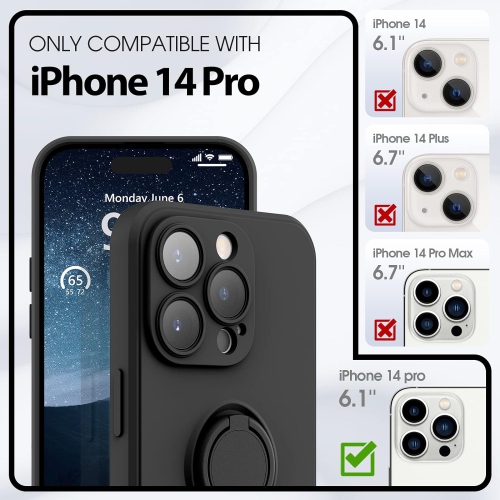 Silicone Phone Case for iPhone 14 Pro with Screen Protector [Ring Holder Stand] [Wrist Strap] [Microfiber
