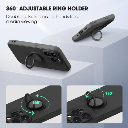 Silicone Phone Case for iPhone 14 Pro with Screen Protector [Ring Holder Stand] [Wrist Strap] [Microfiber