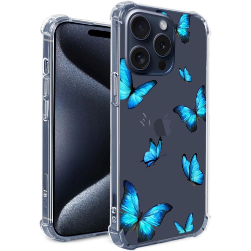 Pour iPhone 15 Pro Case 6,1&nbsp;po 2023, Blue Butterflies Clear iPhone 15 Pro cases pour femmes en TPU Crystal