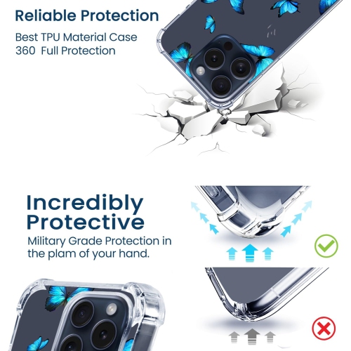 Pour iPhone 15 Pro Case 6,1&nbsp;po 2023, Blue Butterflies Clear iPhone 15 Pro cases pour femmes en TPU Crystal