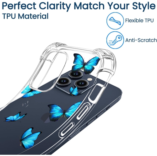 Pour iPhone 15 Pro Case 6,1&nbsp;po 2023, Blue Butterflies Clear iPhone 15 Pro cases pour femmes en TPU Crystal