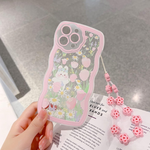 Compatible for iPhone 14 Pro Case, Cute Clear Cartoon Floral Rabbit with Heart Beaded Lanyard Wrist Strap
