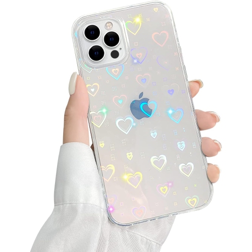 Compatible with iPhone 12 Pro Max Case with Clear Holographic Glitter Heart Pattern for Women Girls Fashion Soft