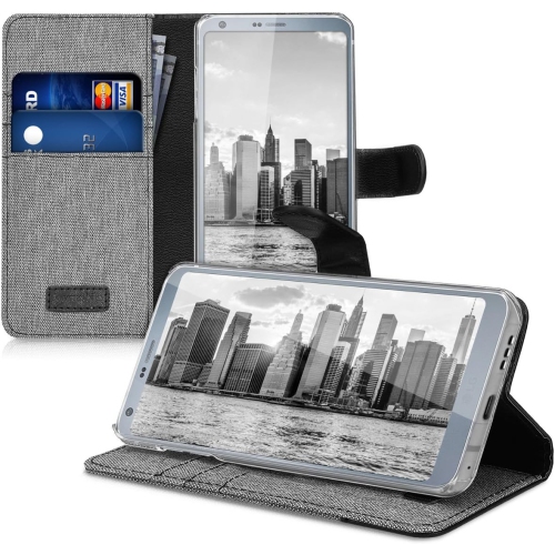 Wallet Case Compatible with LG G6 - Case Fabric and Faux Leather Phone Flip Cover - Grey/Black