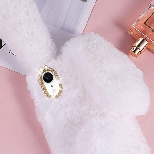 Furry Bunny Phone Case for iPhone XR, Fashion Protective Phone Shell for Girls, White Fluffy Faux Fur Animal