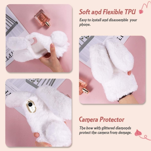 Furry Bunny Phone Case for iPhone XR, Fashion Protective Phone Shell for Girls, White Fluffy Faux Fur Animal