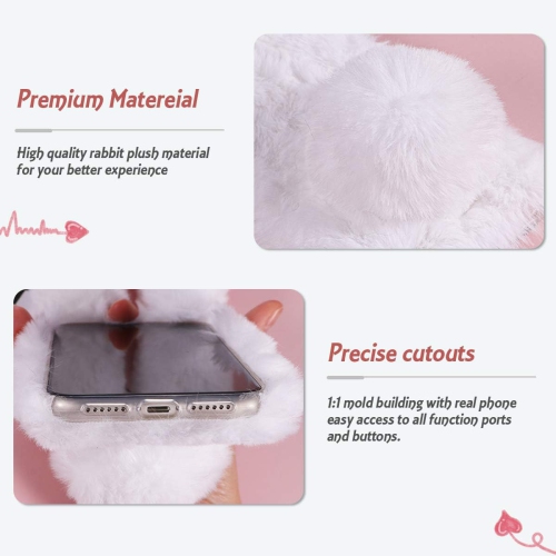 Furry Bunny Phone Case for iPhone XR, Fashion Protective Phone Shell for Girls, White Fluffy Faux Fur Animal