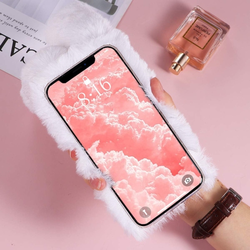 Furry Bunny Phone Case for iPhone XR, Fashion Protective Phone Shell for Girls, White Fluffy Faux Fur Animal