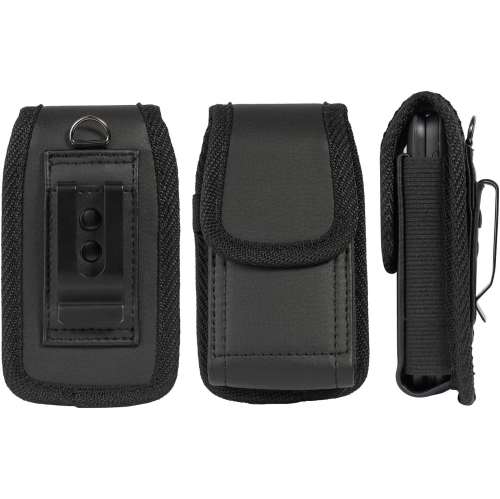 Flip Phone Case, Black Vegan Leather Vertical Pouch [with Belt Loop, Metal Clip, Magnetic Closure]
